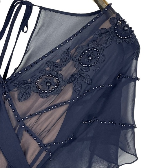 ADRIANNA PAPELL SHEER FLUTTER SLEEVE V NECK BEAD EMBROIDERED COCKTAIL DRESS - Picture 11 of 13